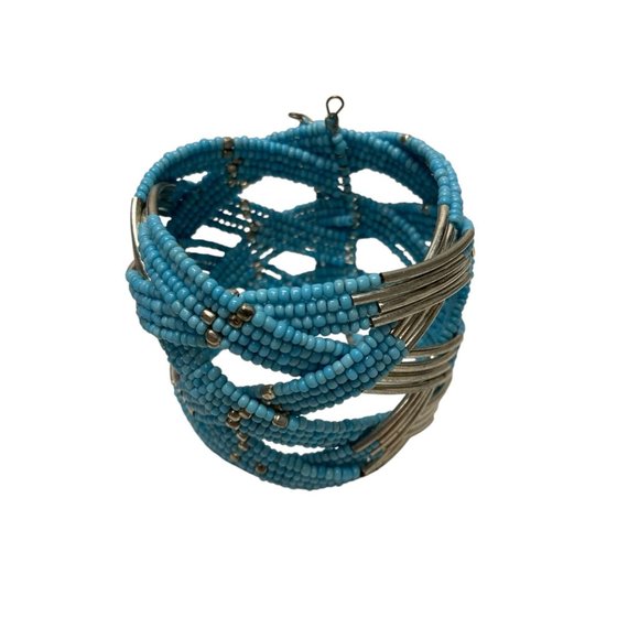 Turquoise Beaded & Silver-Tone Metal Open Cuff Bracelet Cris Beadwork Accessory - Picture 3 of 6
